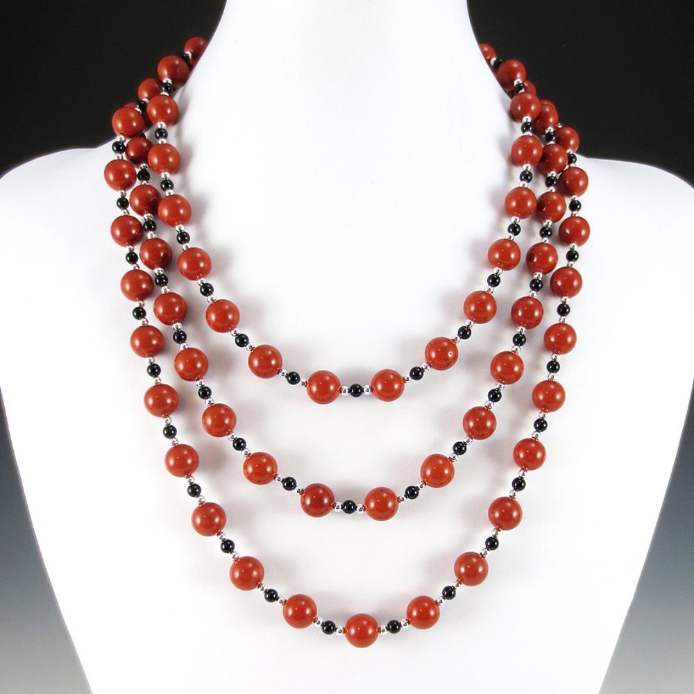Red Jasper, Onyx, & Sterling Silver 3-Necklace Set